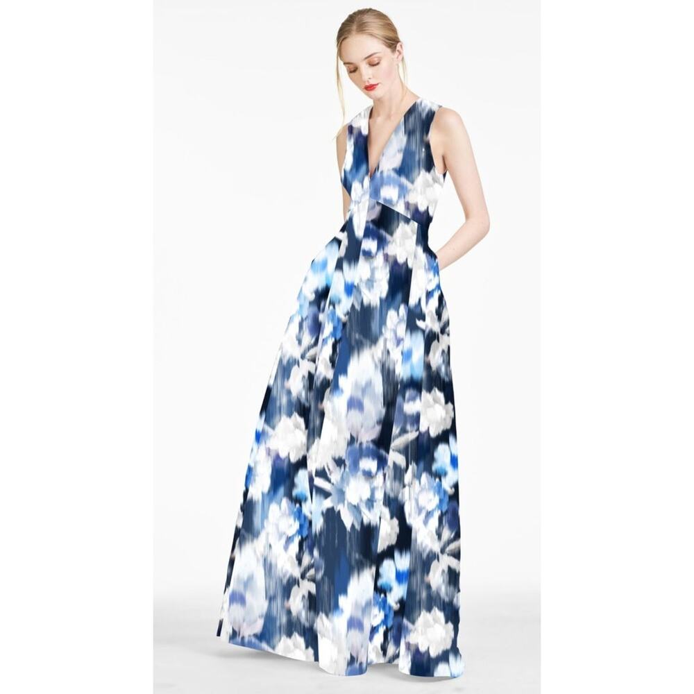 $825 Sachin & Babi Brooke Gown Blue Ikat Floral Sz XS Maxi Dress Wedding Guest